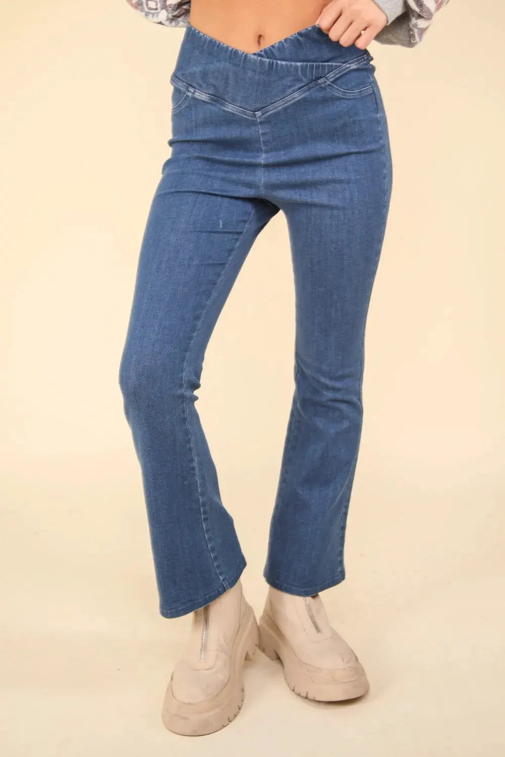VERY J Washed Denim Stretchy Crossover Waist Leggings by Very J