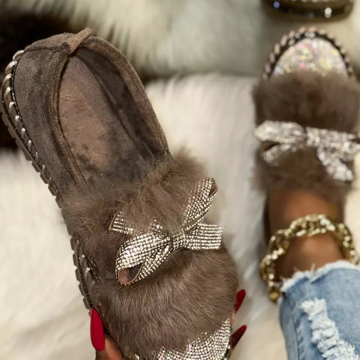 Fuzzy Bowknot Rhinestone Platform Loafers by Partner Label