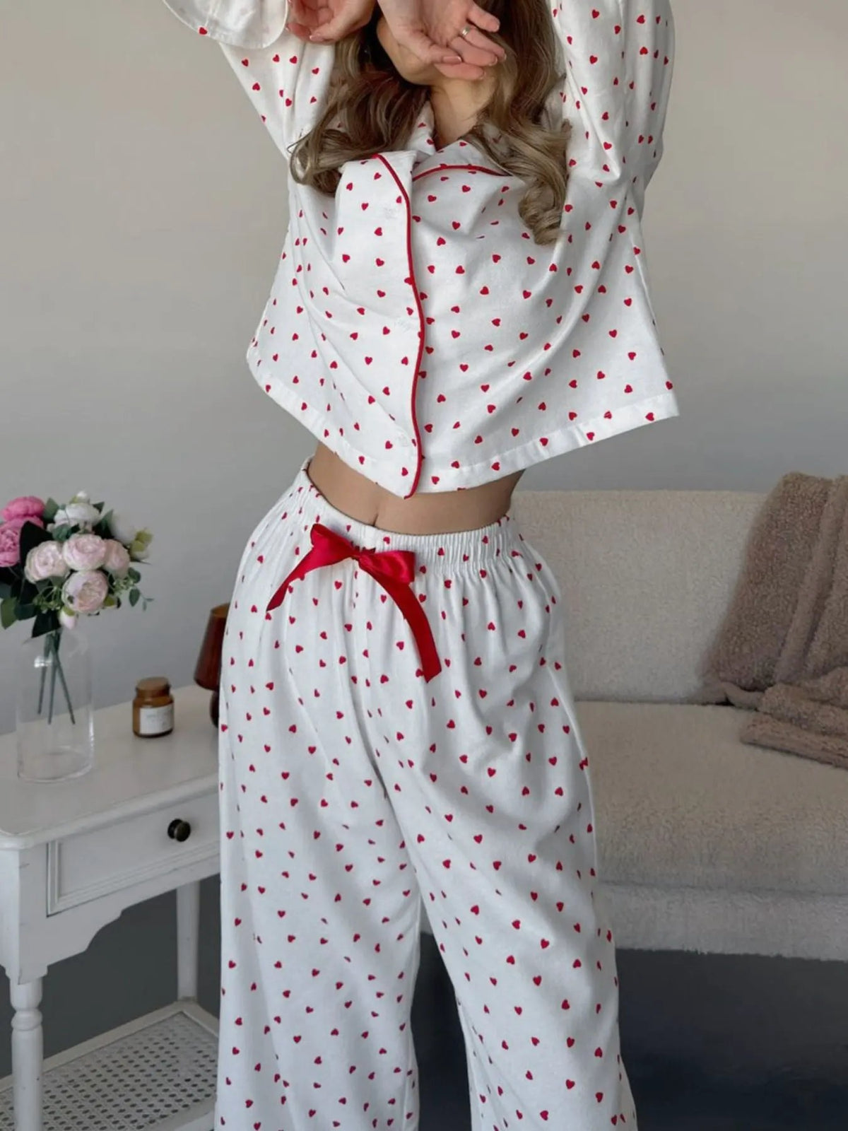Heart Print Long Sleeve Top and Pants Lounge Set by Partner Label