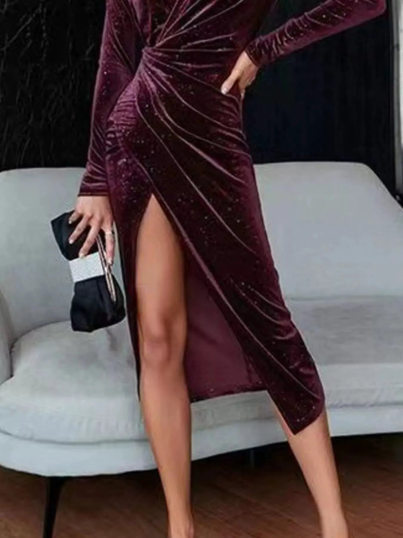 Velvet Ruched Slit Midi Dress by Equanimity Essence