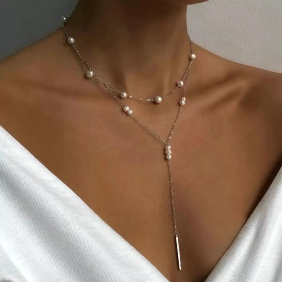 Double Layered Pearl Y-Shaped Necklace by Partner Label