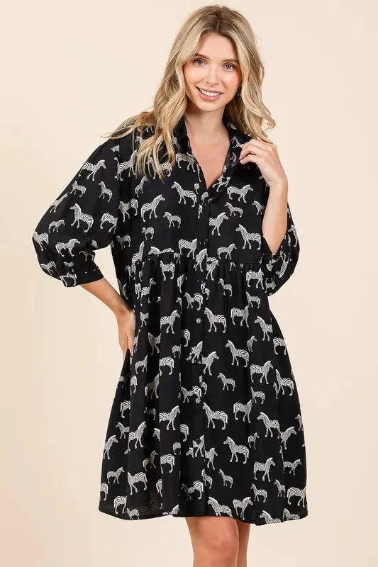 Mittoshop Zebra Print Button Down Shirt Mini Dress by Mittoshop