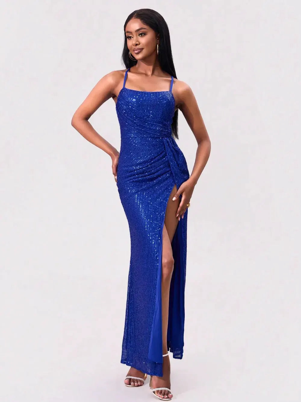 Slit Sequin Square Neck Spaghetti Strap Dress by Partner Label