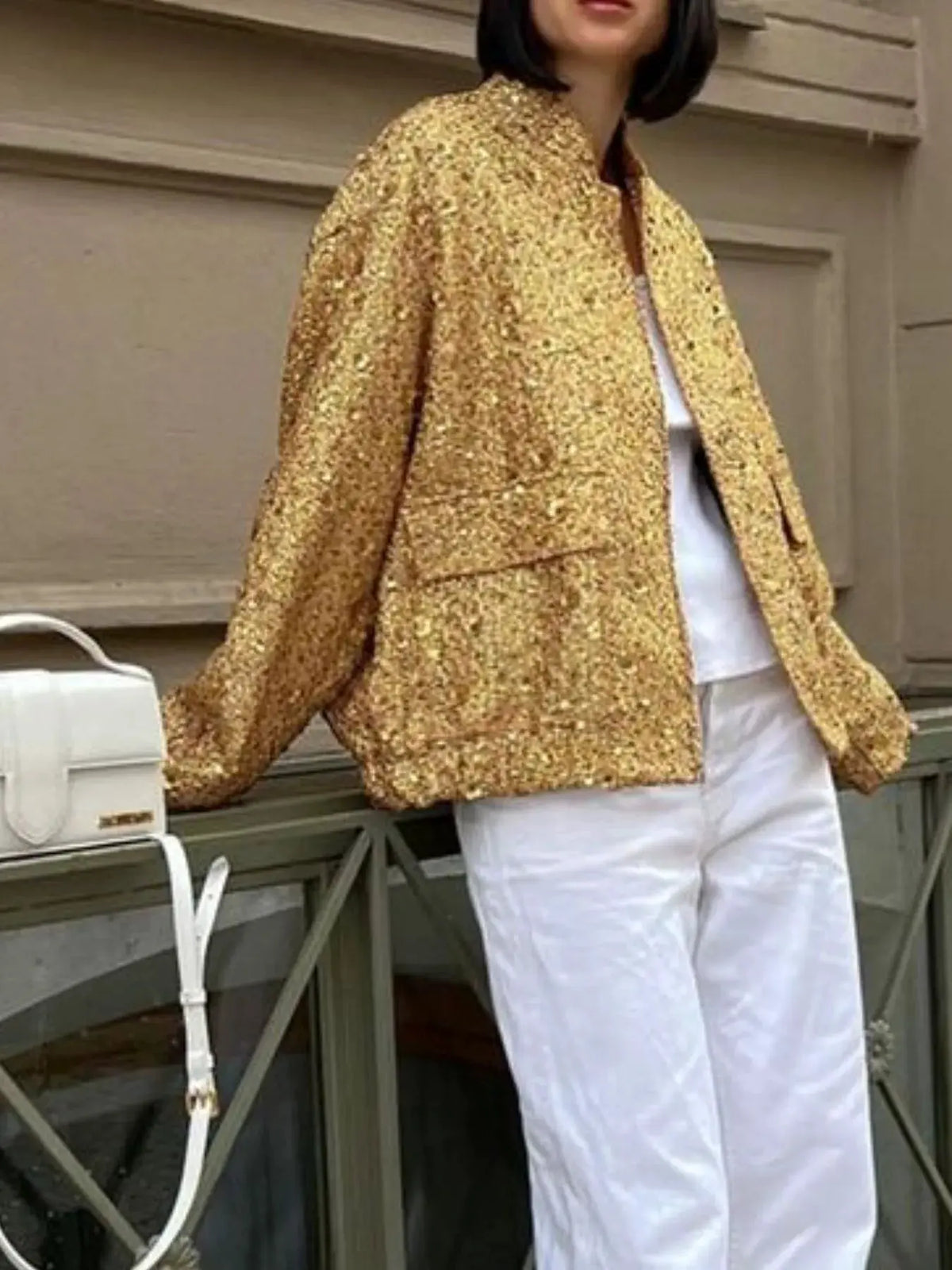 Sequin Long Sleeve Jacket with Pockets by Partner Label