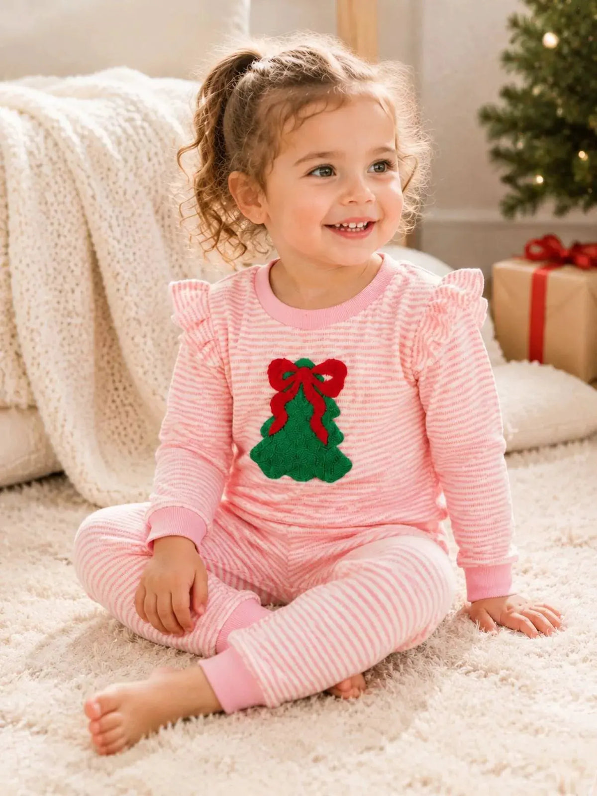 Children's Striped Christmas Tree Ruffle Pajama Set by Trendsi