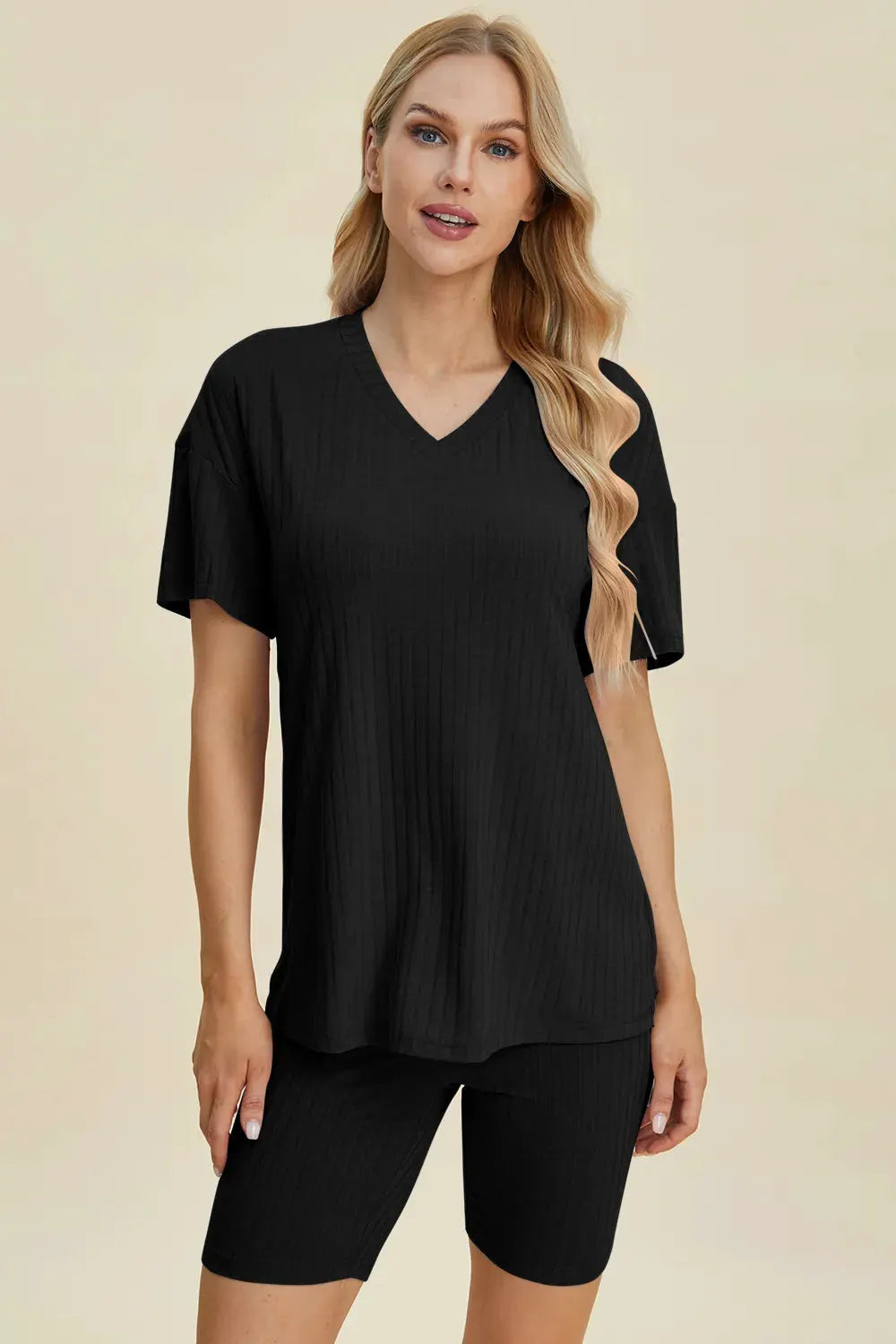 Basic Bae Full Size Ribbed V-Neck Short Sleeve Top and Shorts Set by Basic Bae