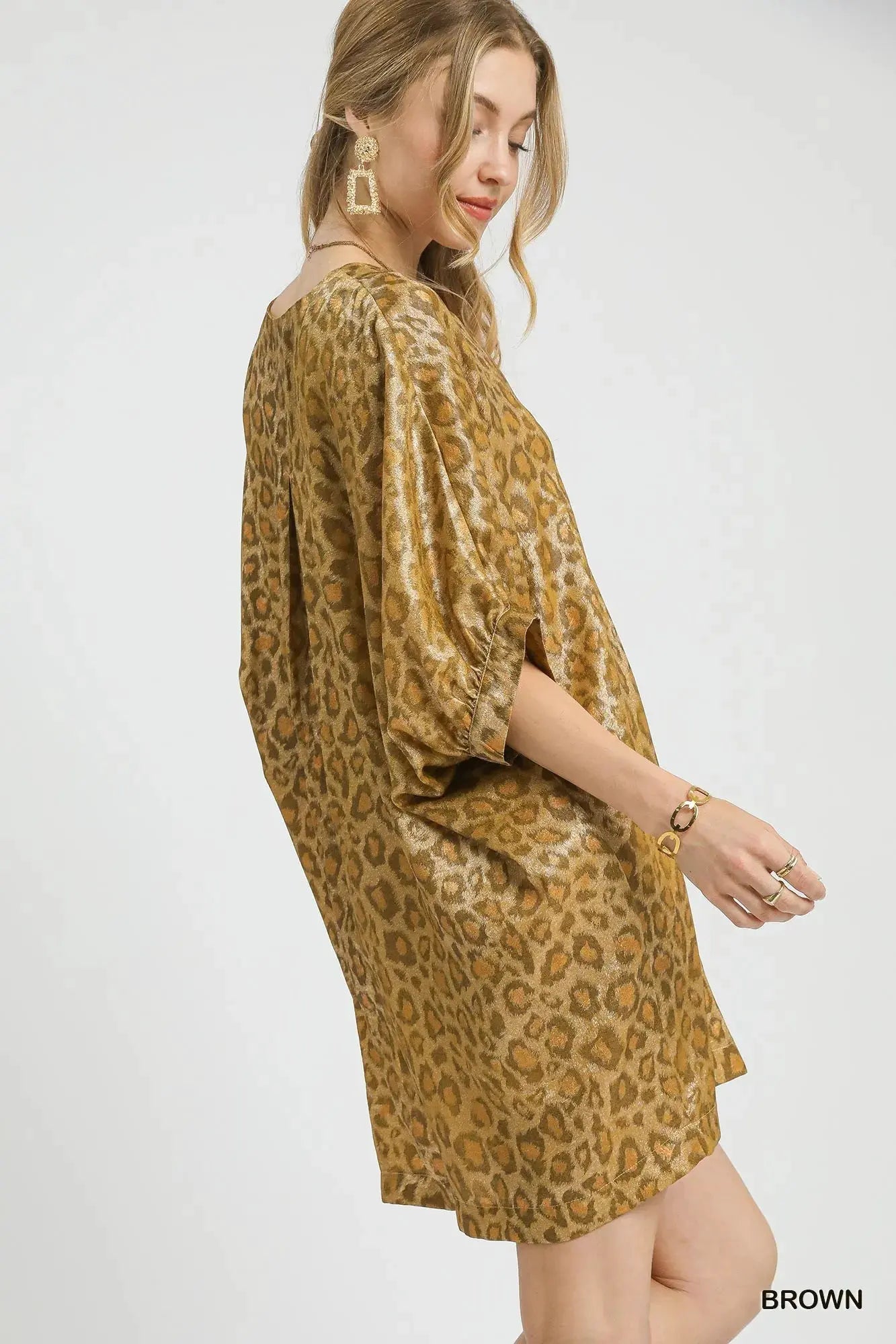 Umgee Metallic Leopard Print V-Neck Kimono Dress by Umgee