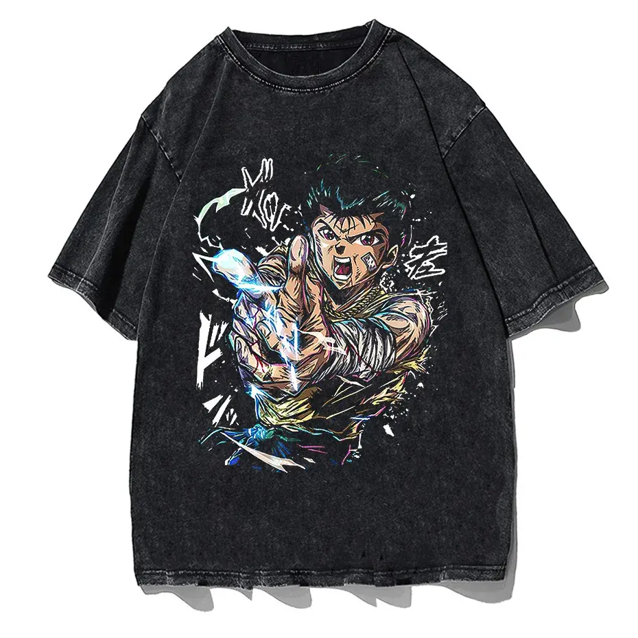 Hip Hop Vintage Washed T-Shirt Men Japanese Anime Boy Graphic Harajuku Streetwear Cotton Summer Tee by Vimost Shop
