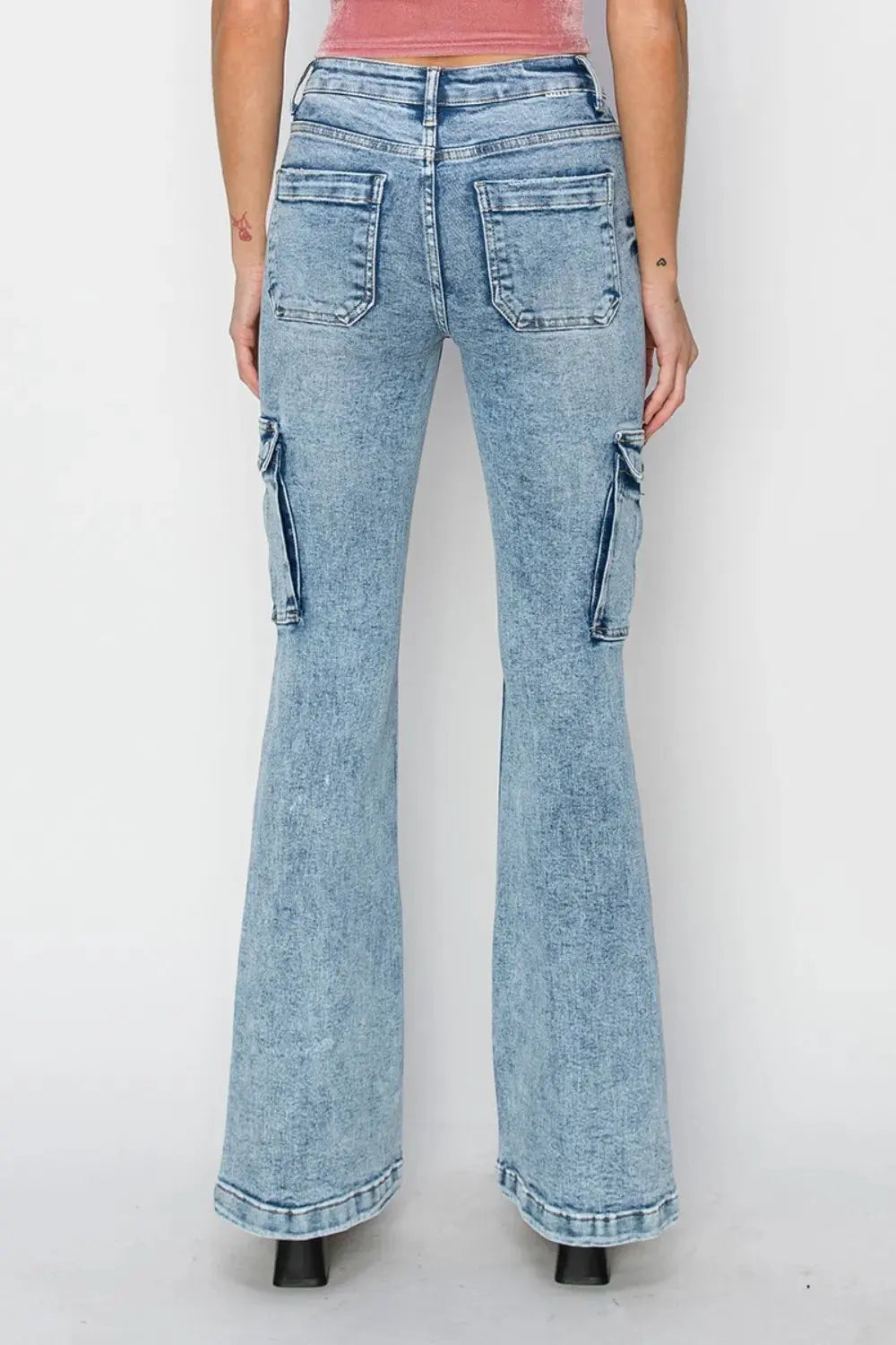 RISEN Full Size High Rise Cargo Flare Jeans by RISEN