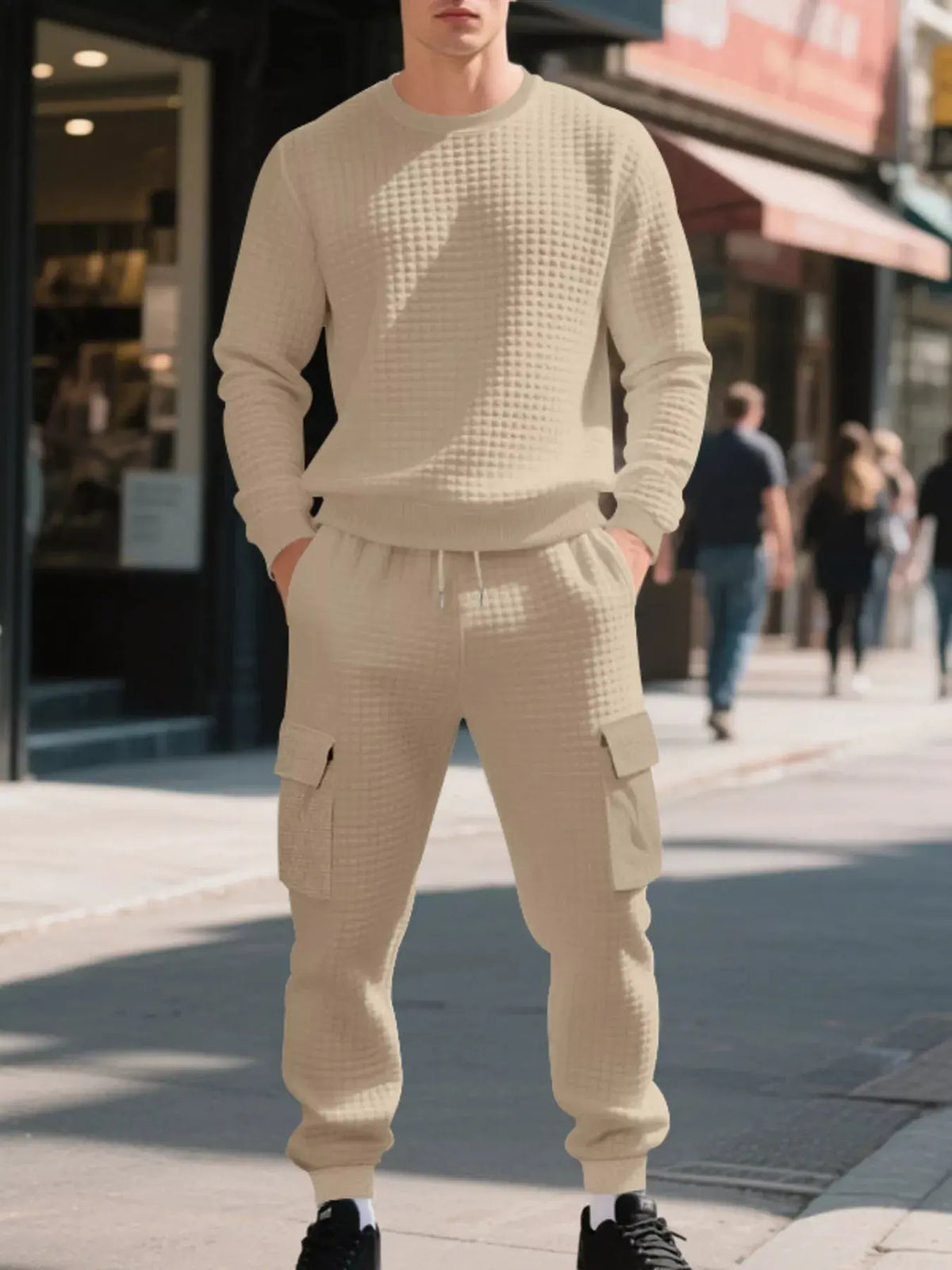 Men's Plus Size Waffle Knit Textured Crewneck Sweatshirt and Jogger Set by Trendsi