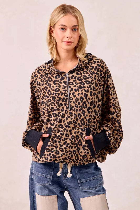 BiBi Leopard Print Waffle Half Zip Up Hoodie W Pocket by BiBi