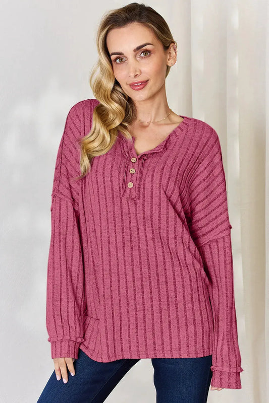 Basic Bae Full Size Ribbed Half Button Long Sleeve T‑Shirt | Partner Labels Selection by Partner Label