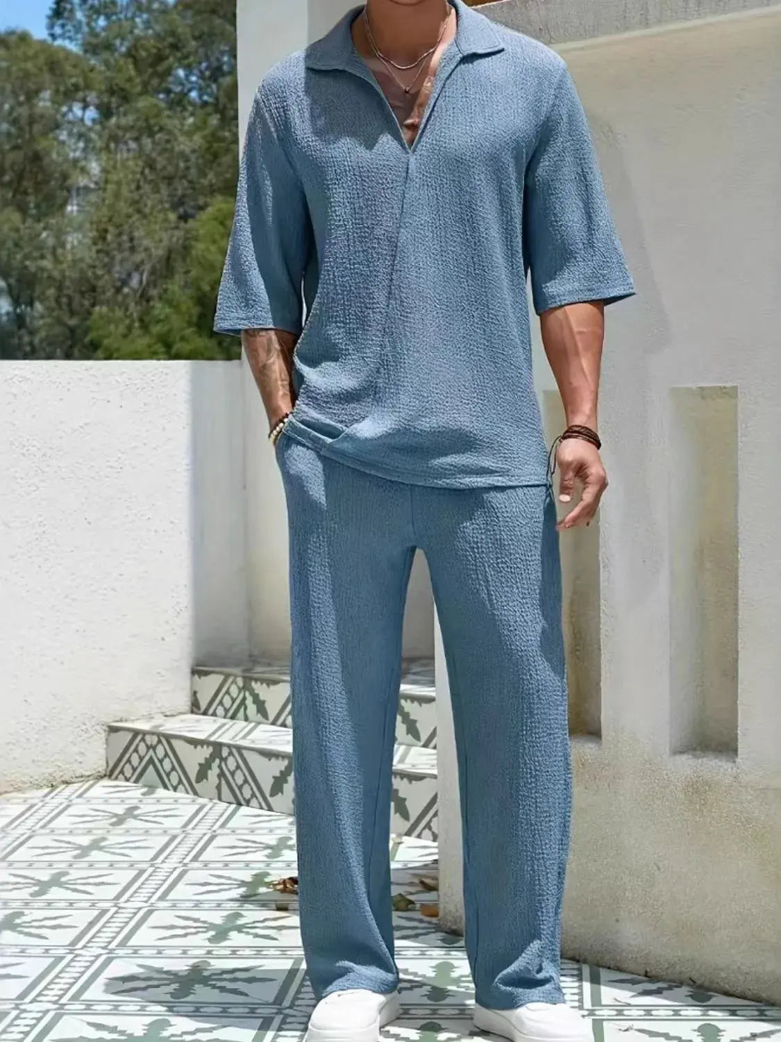 Men's Johnny Collar Half Sleeve Top and Pants Set by Oh