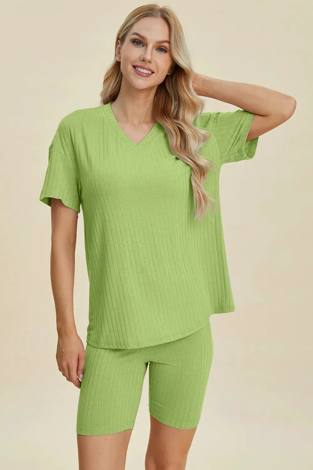 Basic Bae Full Size Ribbed V-Neck Short Sleeve Top and Shorts Set by Basic Bae