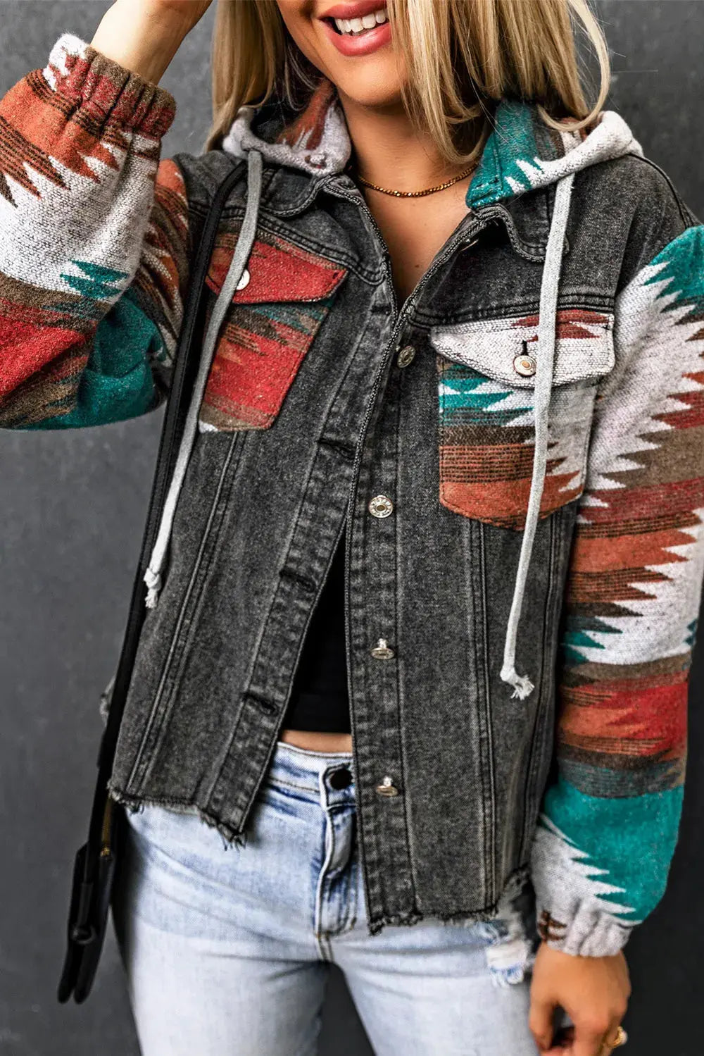 Drawstring Hooded Pocketed Denim Jacket by Partner Label