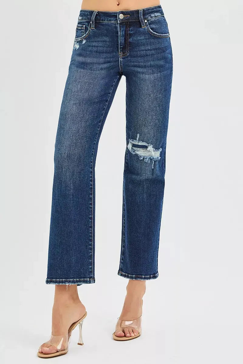 RISEN High Rise Crop Slim Straight Jenas with Hidden Knee Patch by RISEN