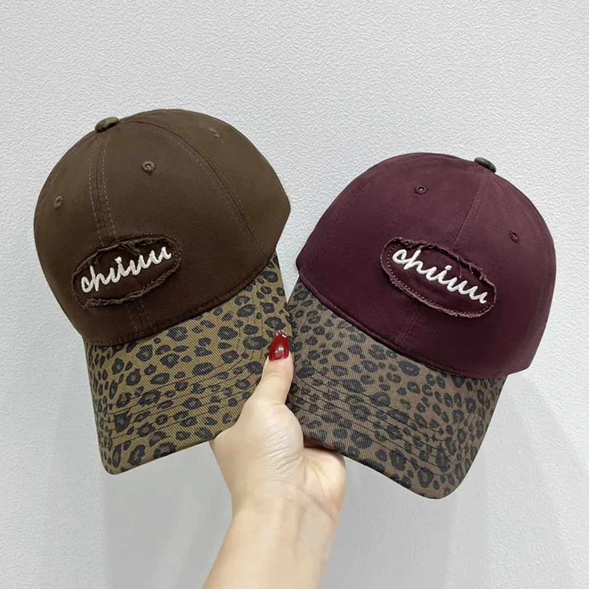 Leopard Print Baseball Cap with Embroidered Letter by Partner Label