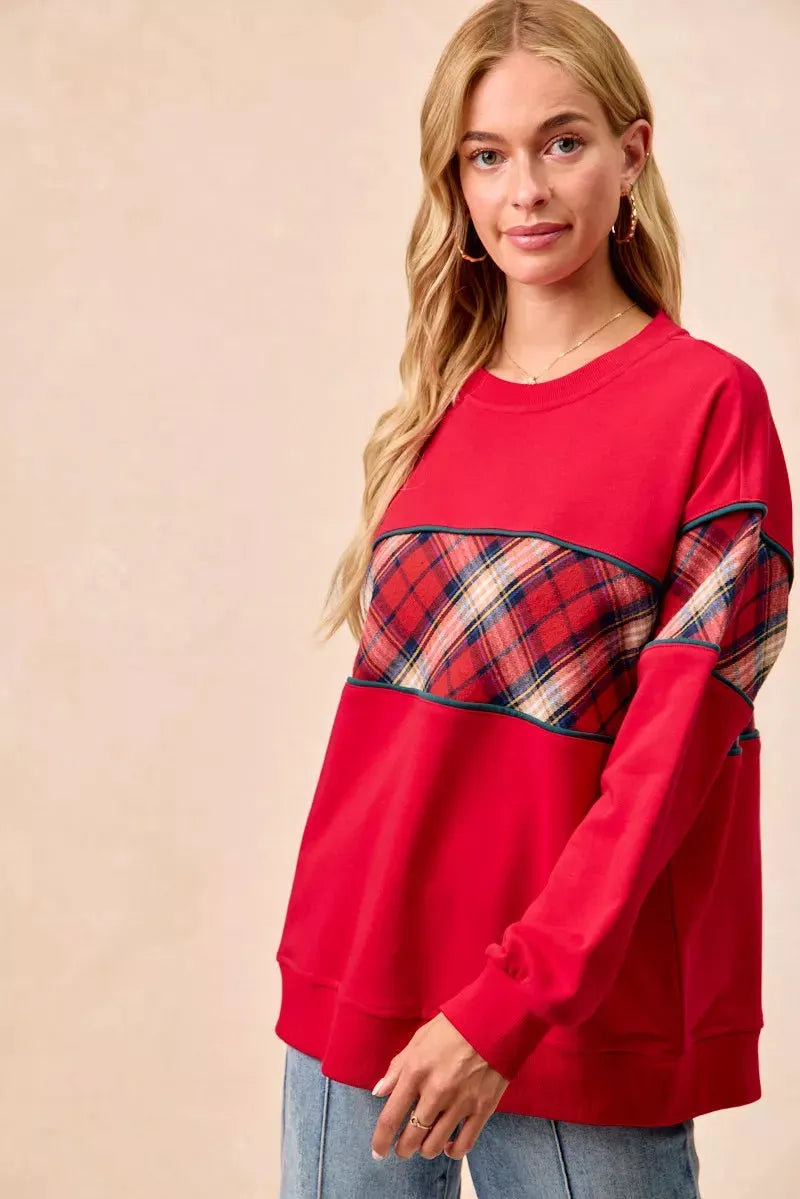 BiBi Christmas Theme Plaid Block Sweatshirt with Binding by BiBi