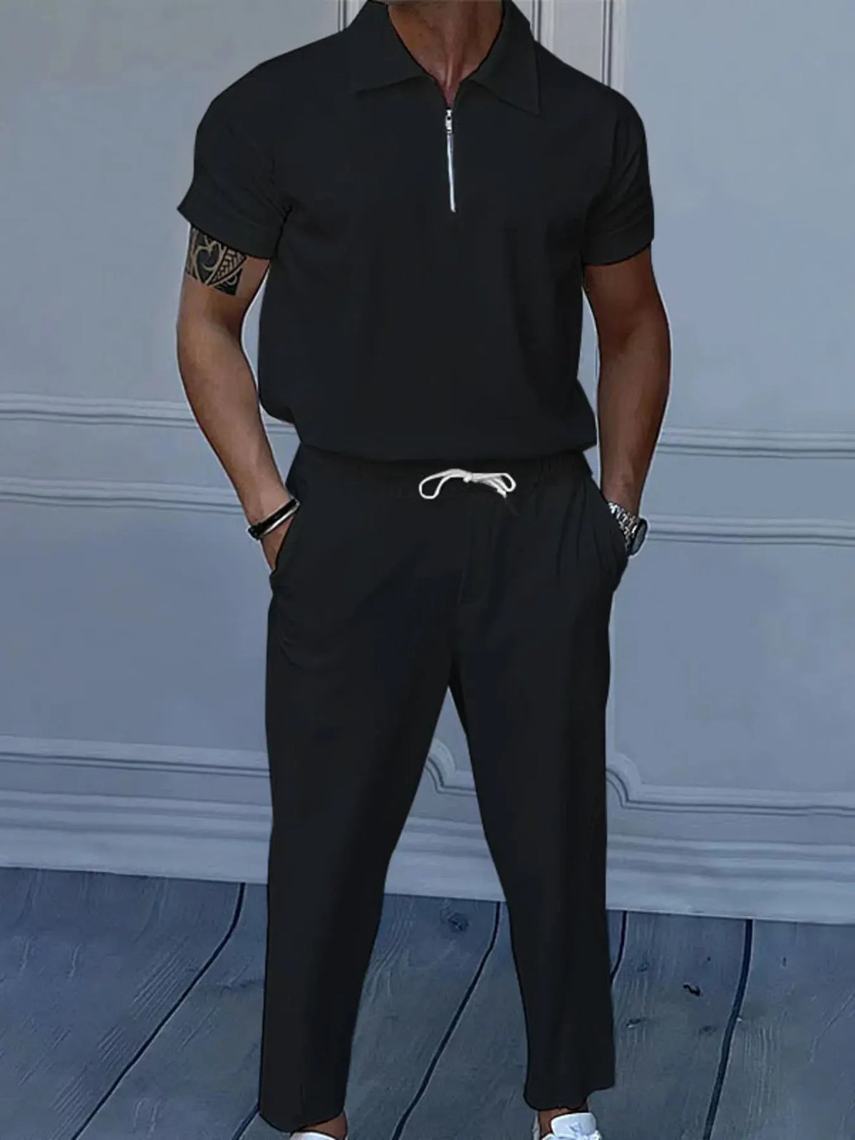 Men's Full Size Quarter Zip Short Sleeve Polo and Pants Set Plus Size by Trendsi