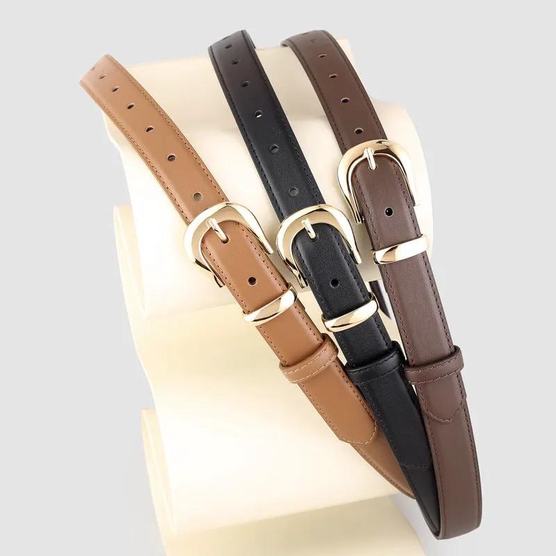 Leather Skinny Belt with Golden Buckle by Trendsi