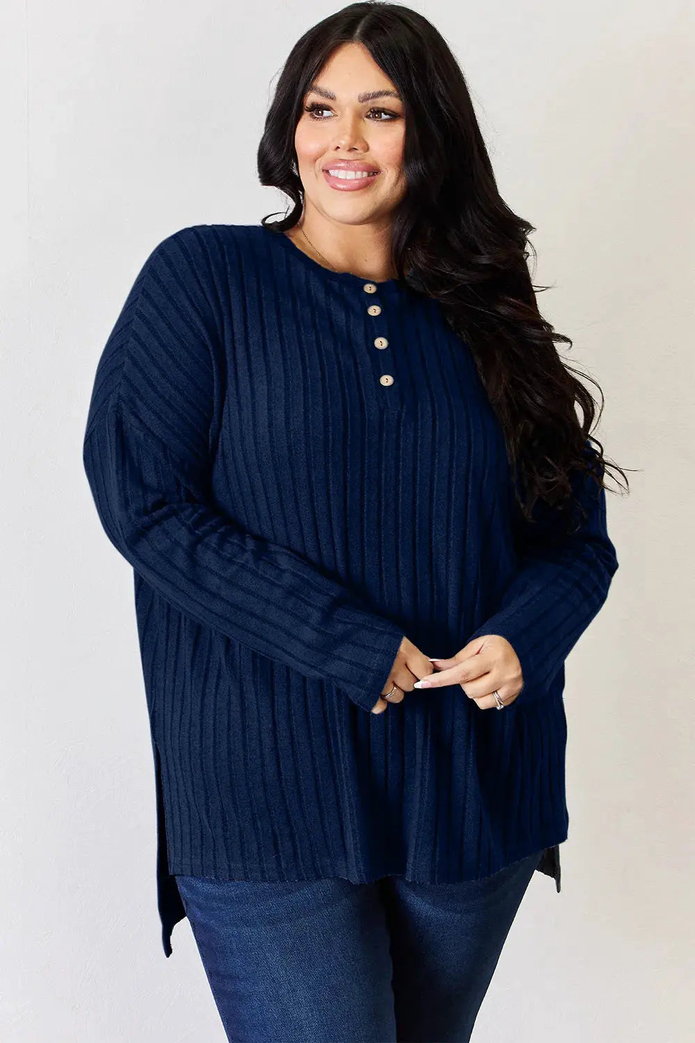 Basic Bae Full Size Ribbed Half Button Long Sleeve High-Low T-Shirt by Basic Bae