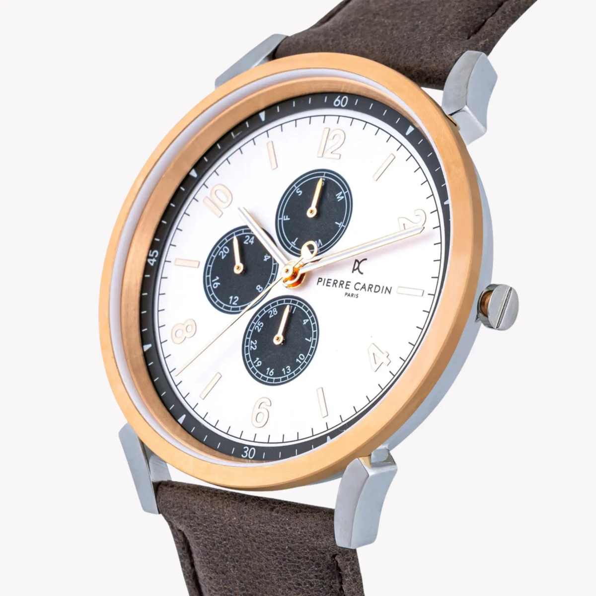 Pierre Cardin Men's Silver & Rose Gold, Brown Leather | Cpi.2078 by PIERRE CARDIN