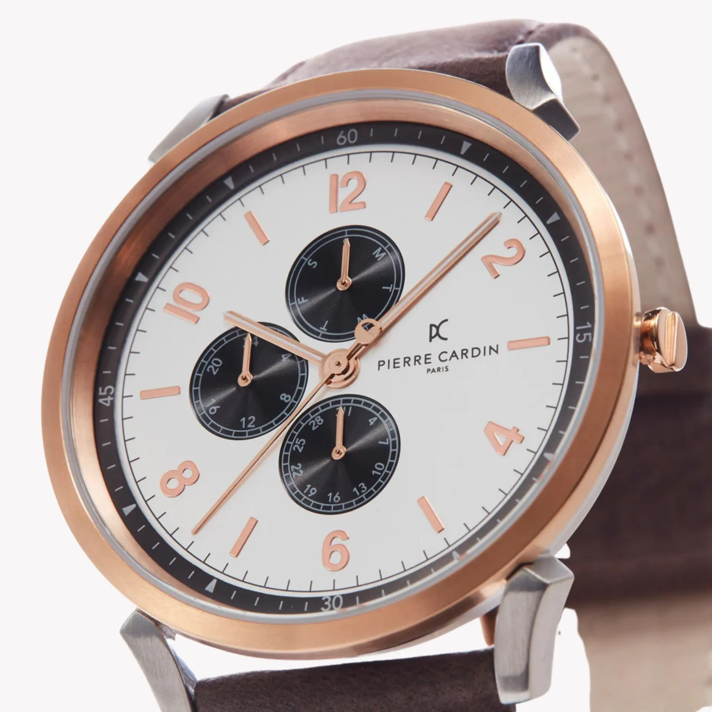 Pierre Cardin Men's Silver & Rose Gold Watch, Brown Leather | Cpi.2022 by PIERRE CARDIN