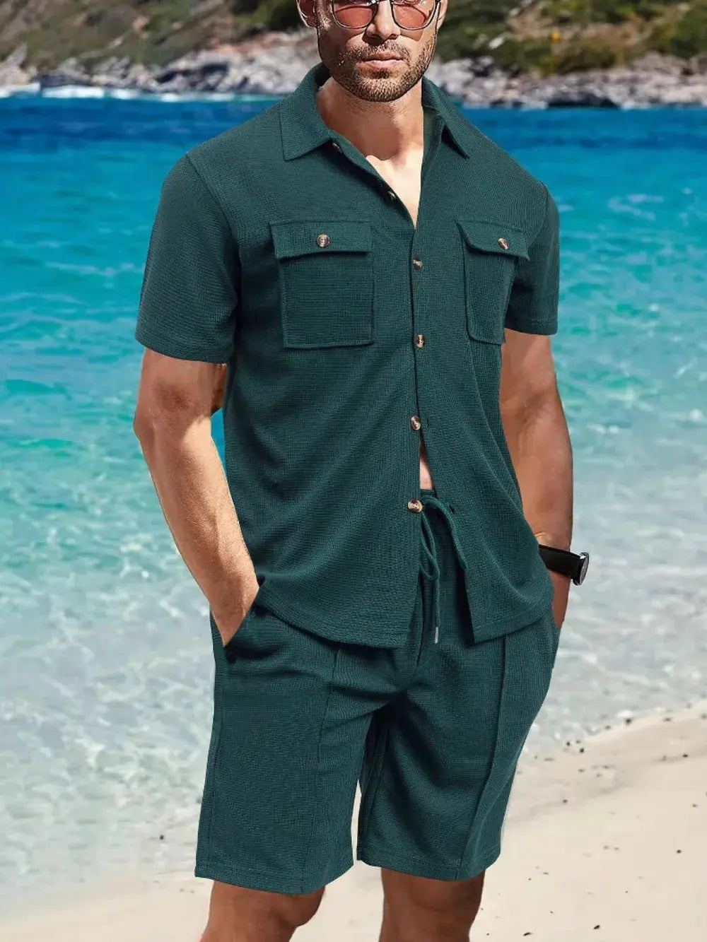 Men's Full Size Button Down Short Sleeve Top and Shorts Set Plus Size by Trendsi