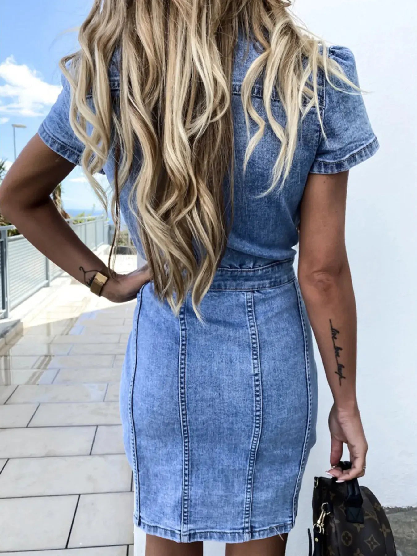 Button Front Short Sleeve Denim Dress by Partner Label