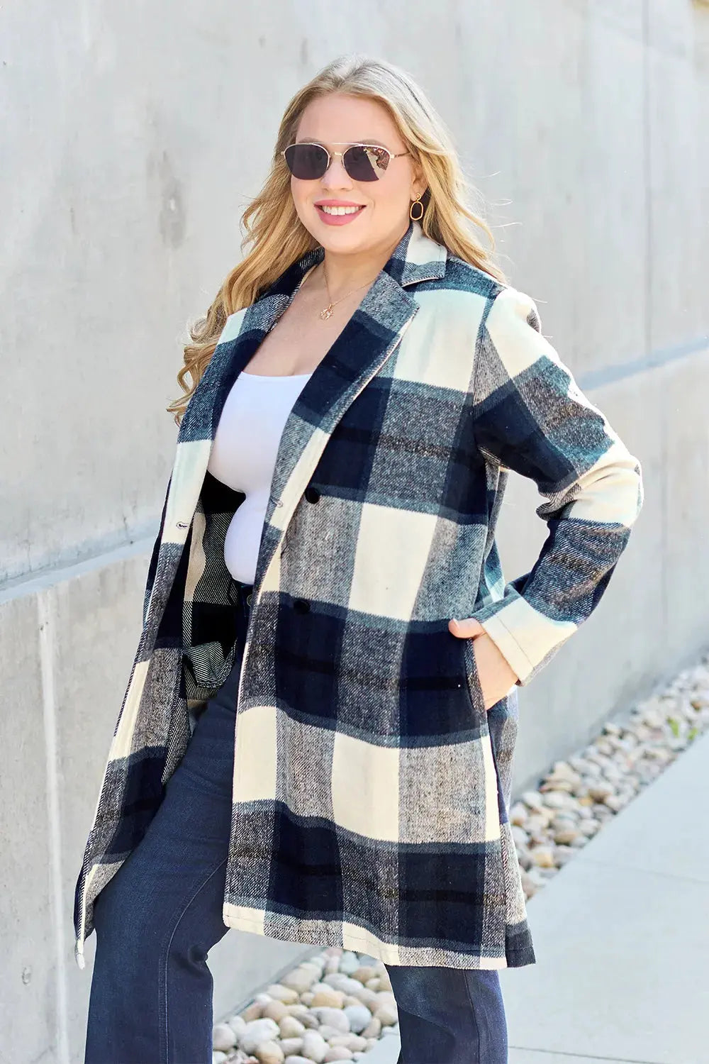 Double Take Full Size Plaid Button Up Lapel Collar Coat by Double Take