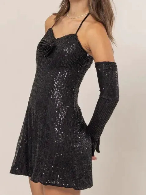 HYFVE Sequin Rosette Halter Mini Dress by HYFVE