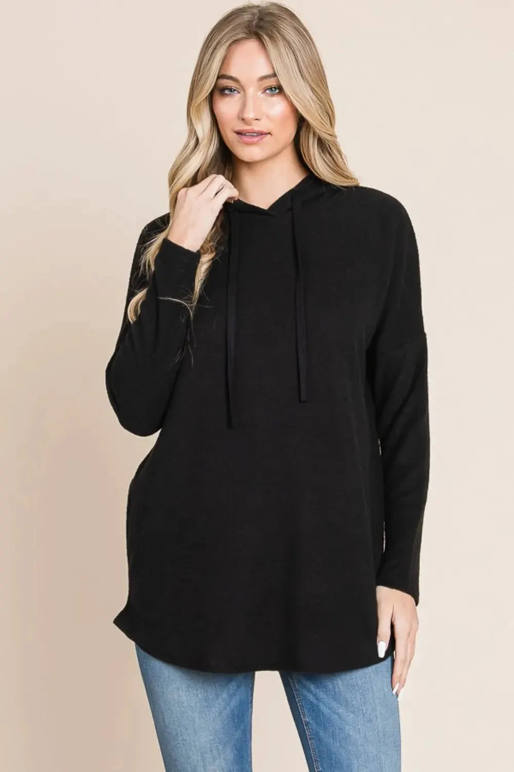 BOMBOM Contrast Drawstring Drop Shoulder Knit Hoodie by BOMBOM