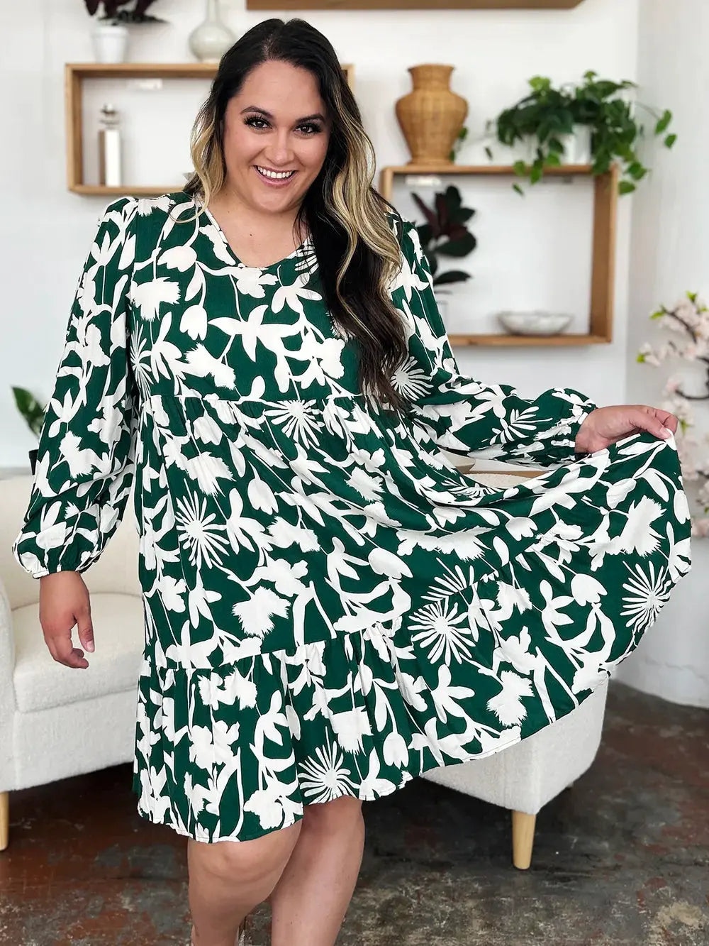 Double Take Full Size Printed Ruffle Hem Dress with Pocket by Double Take