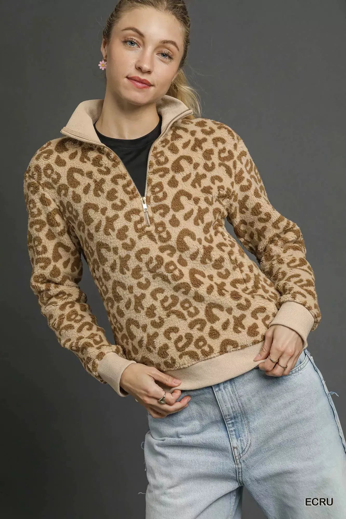 Umgee Leopard Print Quarter-Zip Sweatshirt by Umgee