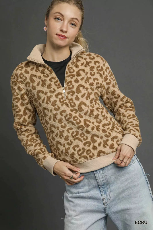 Umgee Leopard Print Quarter-Zip Sweatshirt by Umgee