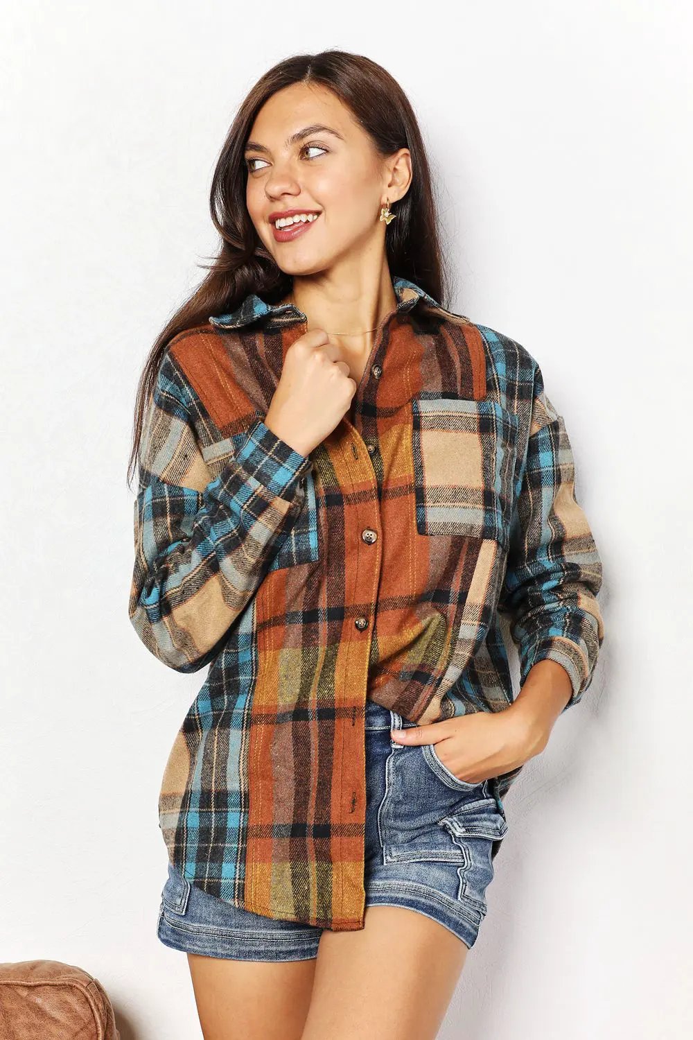 Double Take Plaid Curved Hem Shirt Jacket with Breast Pockets by Double Take