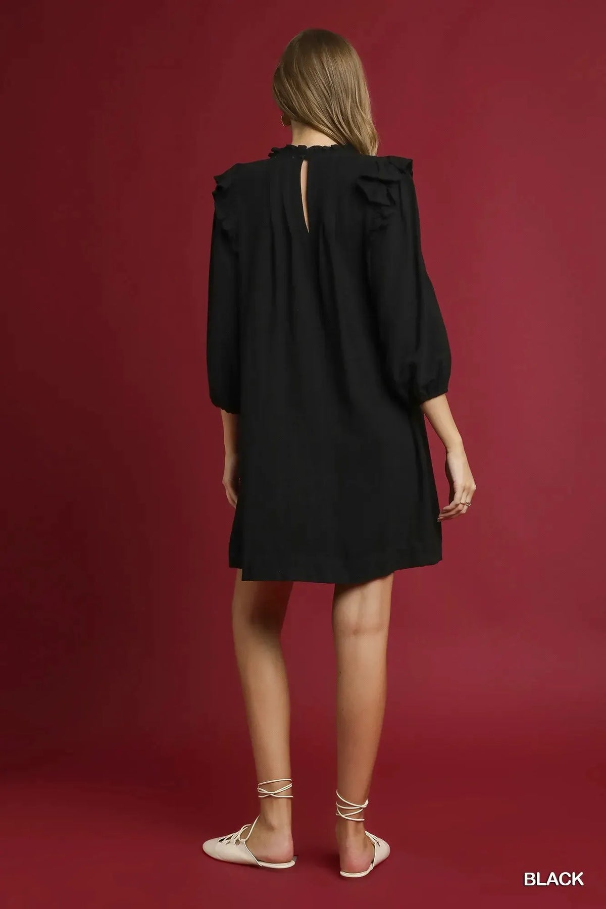 Umgee Linen Ruffle Shoulder Pleated Babydoll Dress by Umgee