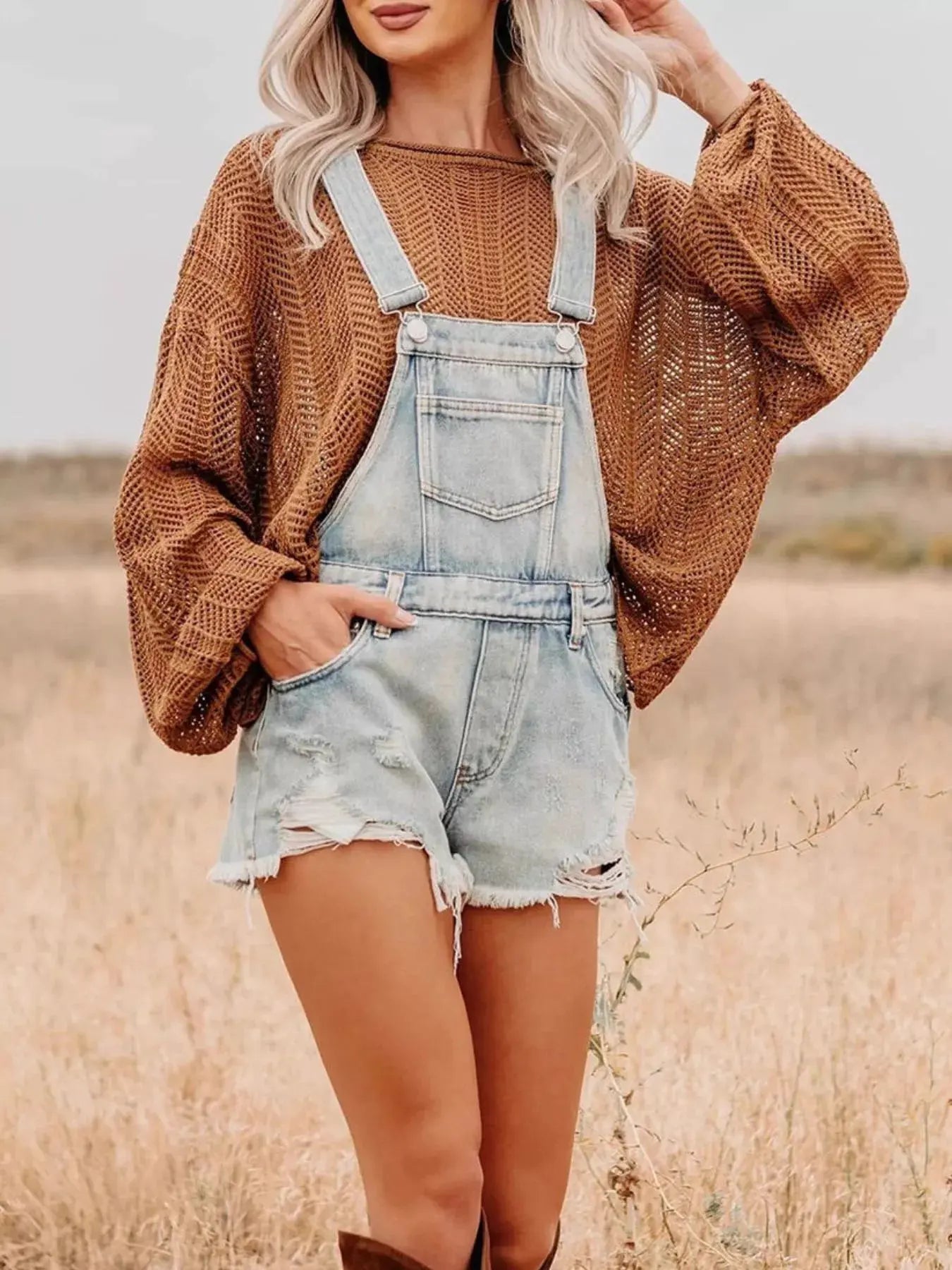 Distressed Denim Overalls Shorts by Partner Labels