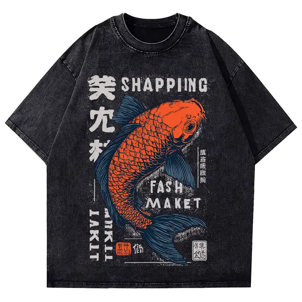 Men Summer Japanese Koi Fish Print Short Sleeve T Shirt Navy Blue by Vimost Shop