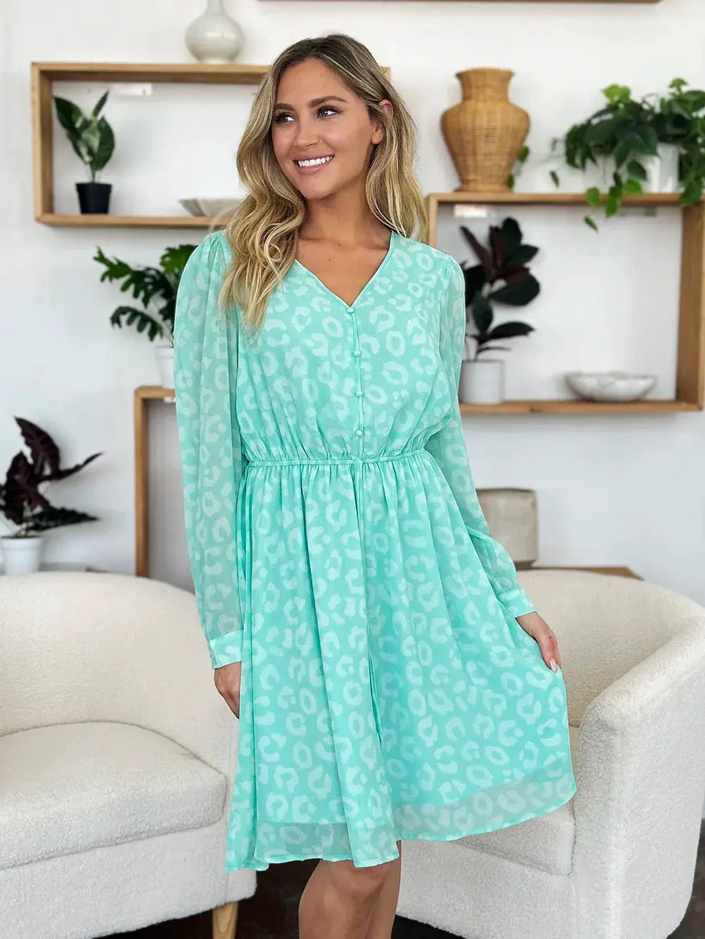 Double Take Full Size Printed Ruched V-Neck Long Sleeve Dress by Double Take