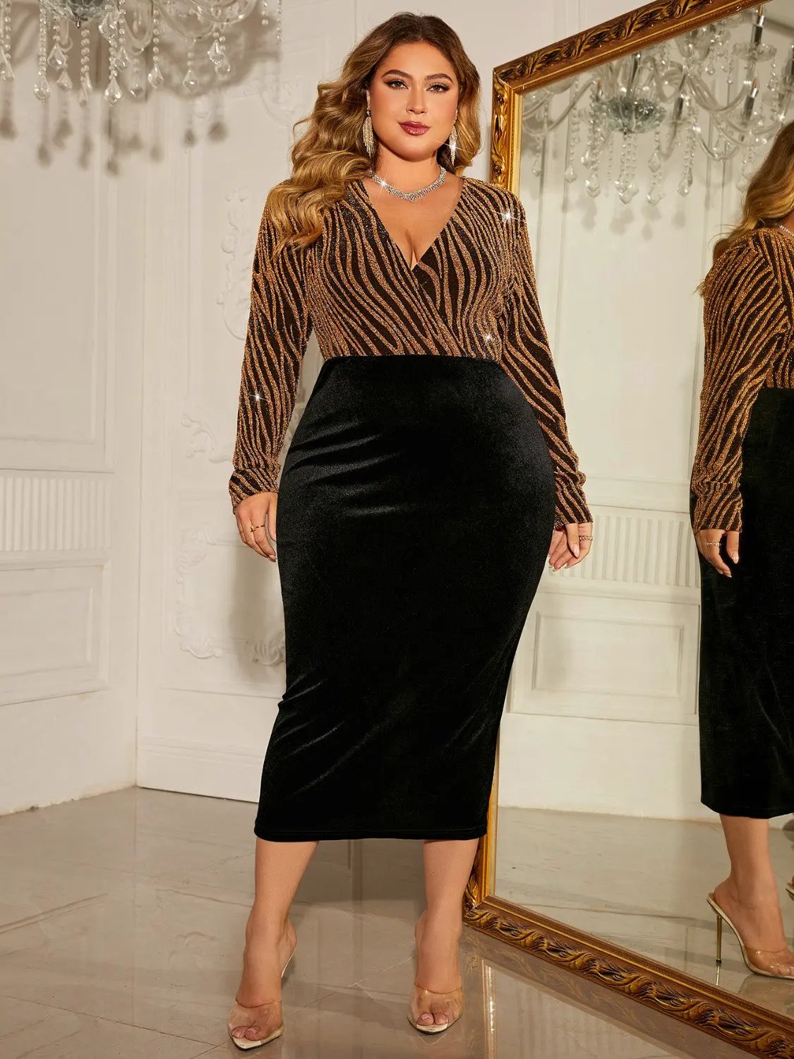 Honey Plus Size Surplice Neck Long Sleeve Slit Dress by Honey