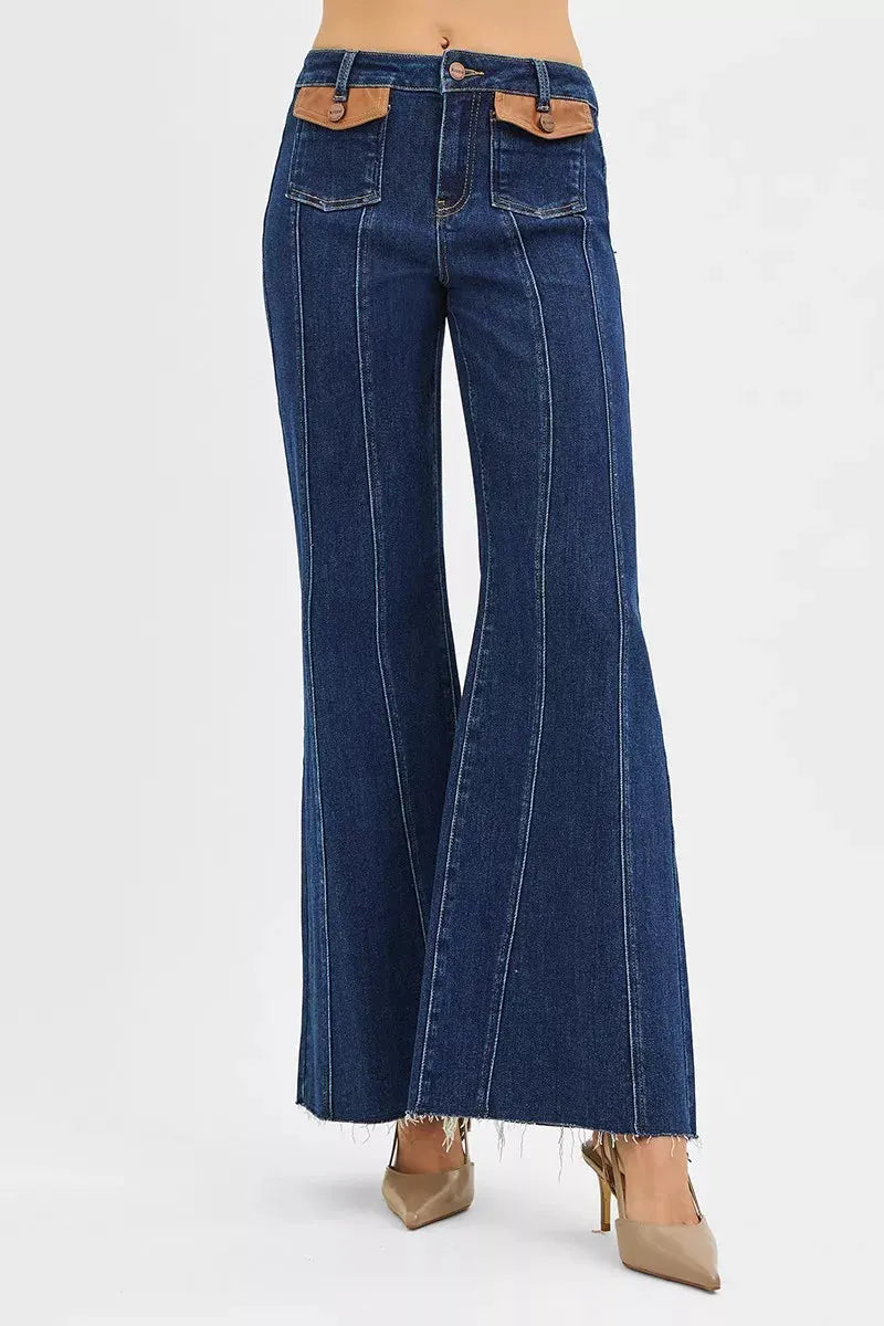 RISEN High Rise Wide Flare Jeans with Front Leather Pocket Detail by RISEN