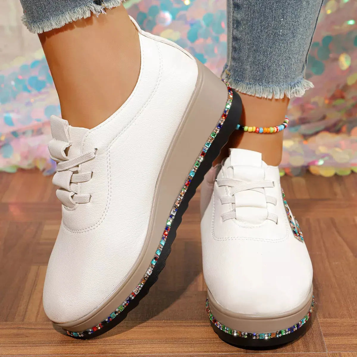 Rhinestone Round Toe Wedge Sneakers by Partner Label