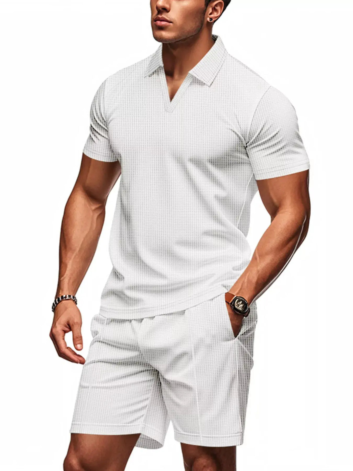 Men's Full Size Textured Short Sleeve Polo and Shorts Set Plus Size by Trendsi