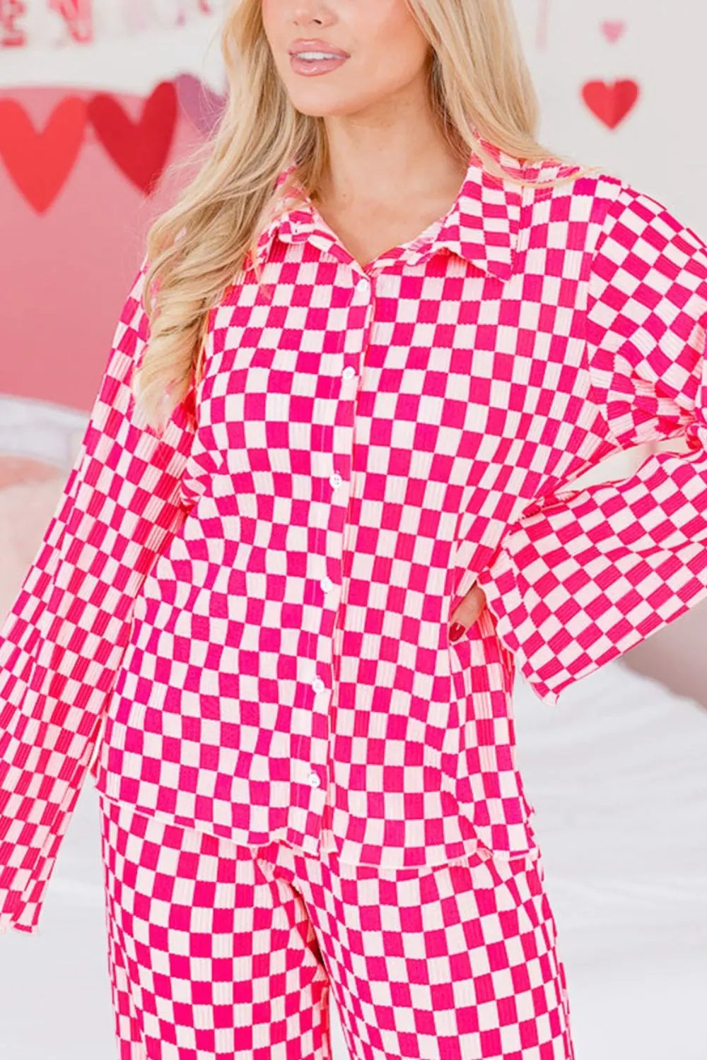 Checkerboard Print Long Sleeve Top and Pants Set by Partner Label