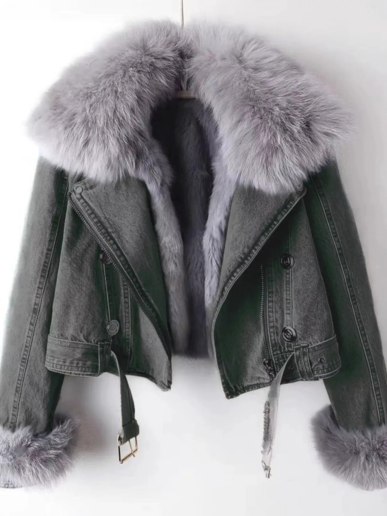Full Size Faux Fur Collar Denim Jacket Plus Size by Partner Label