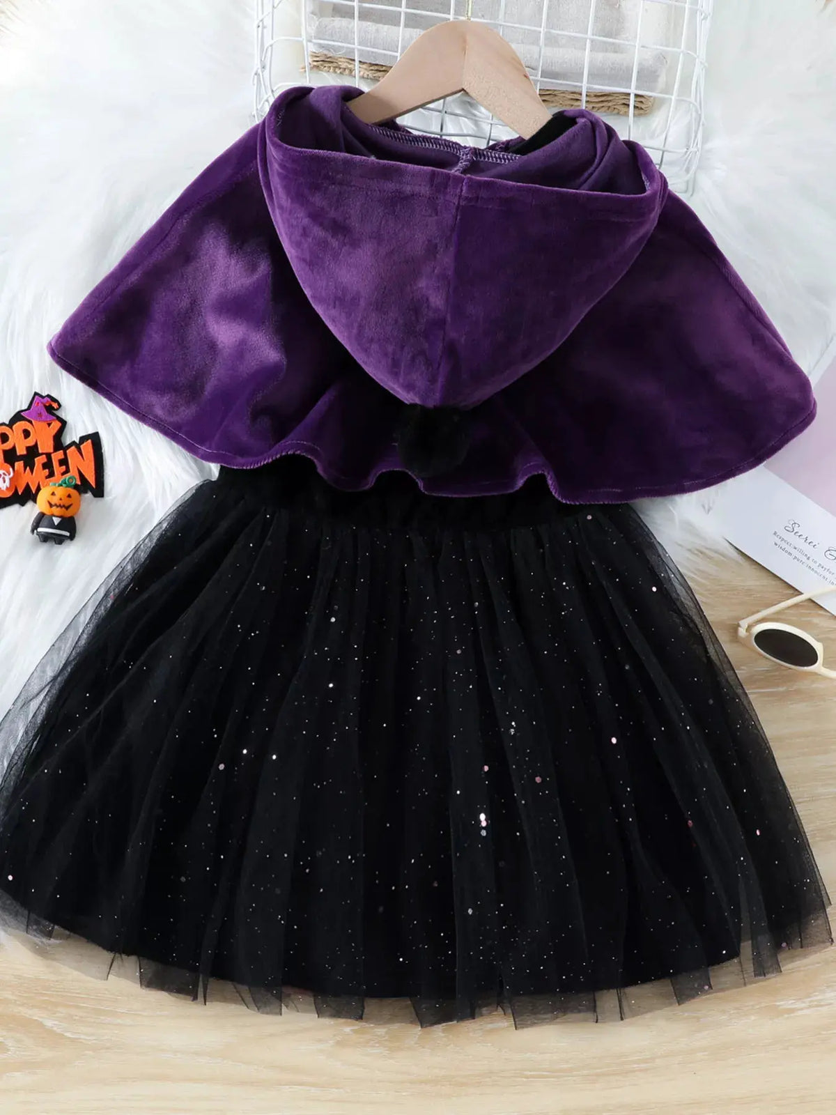 Children's Velvet Hooded Cape and Tulle Dress Halloween Witch Costume Set by Trendsi
