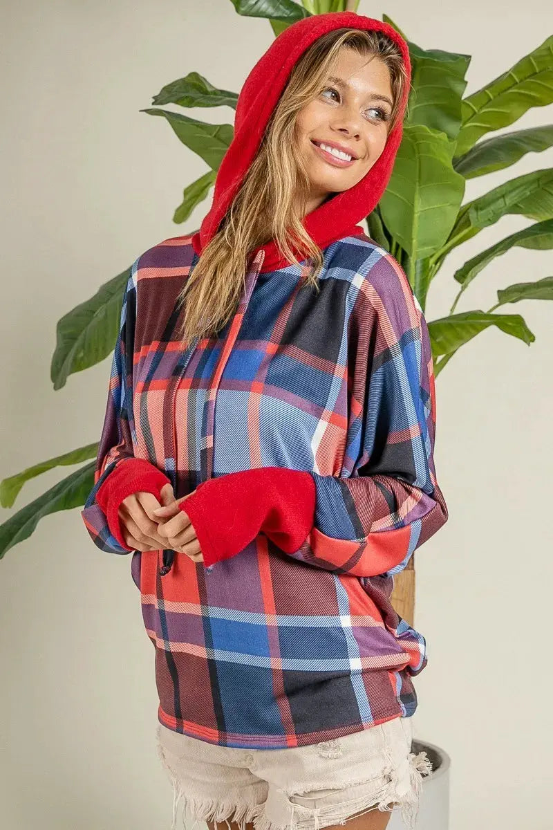 BiBi Plaid Mirr Brushed Rib Contrast Thumb Open Hoodie by BiBi