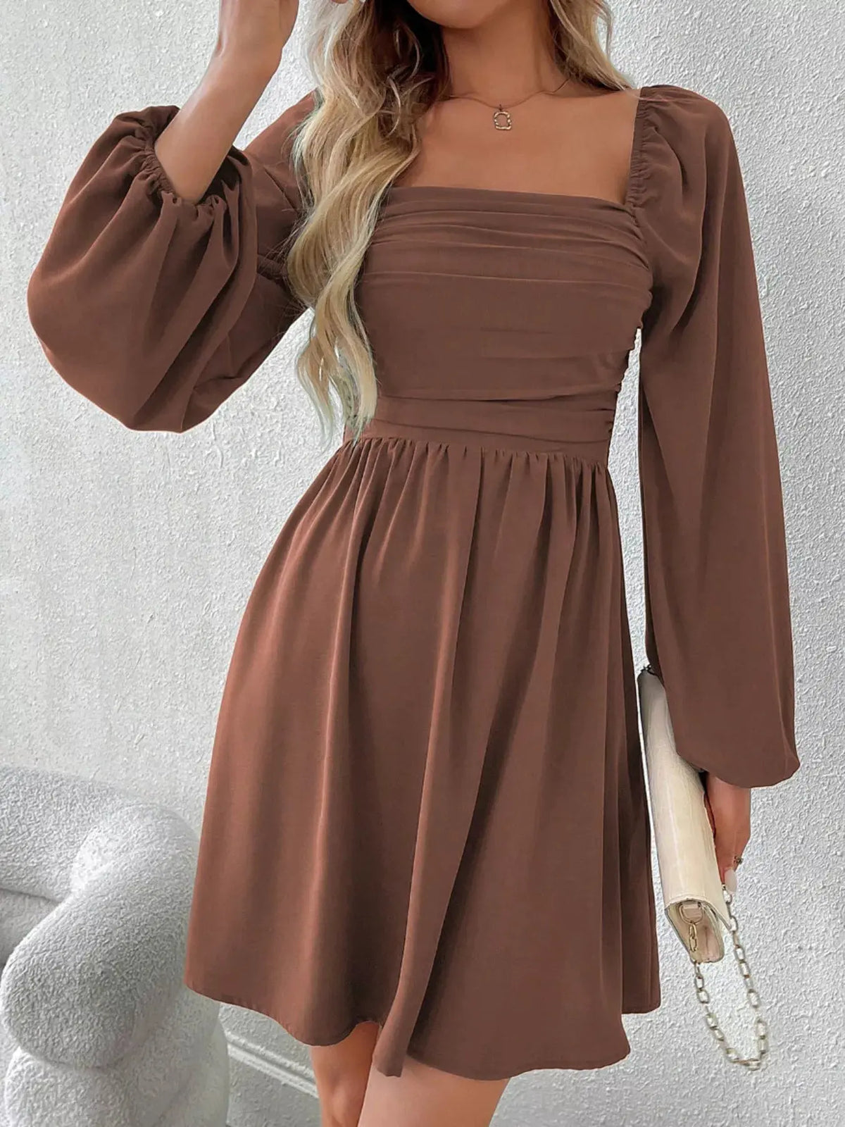 Ruched Square Neck Long Sleeve A-Line Dress by Partner Label