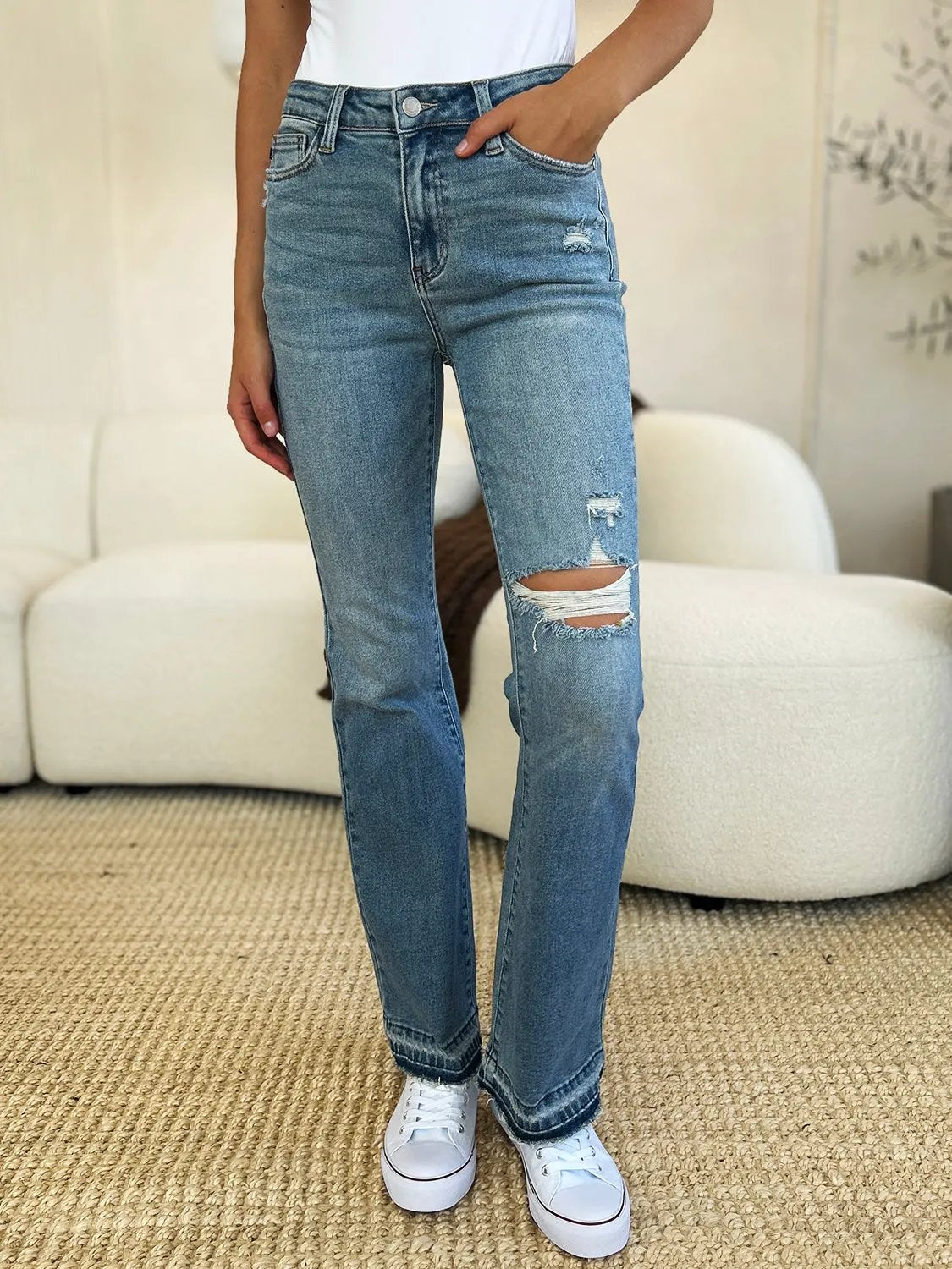 Judy Blue Full Size Mid Rise Destroyed Hem Distressed Jeans by Judy Blue